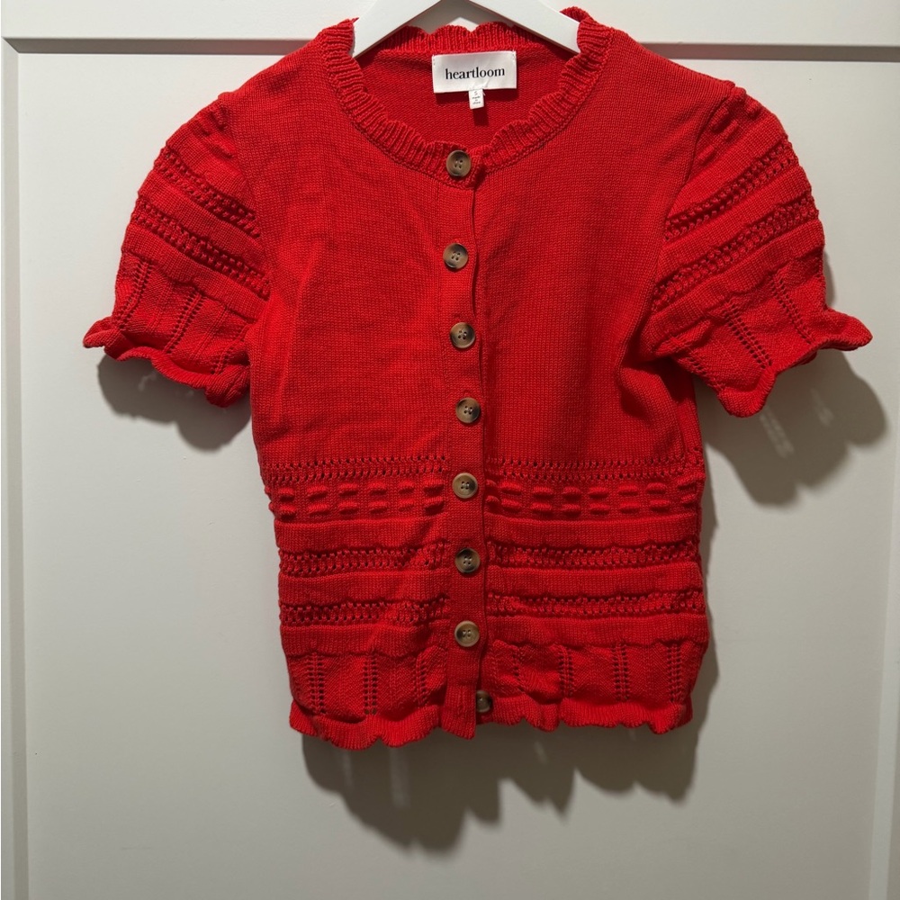 Heartloom Red Short-Sleeve Knit Cardigan with Wooden Buttons